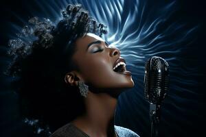 Preto fêmea cantor cantando com microfone dentro frente do Sombrio fundo bokeh estilo fundo foto