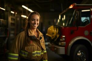 ai gerado retrato do fêmea bombeiro sorridente dentro frente do fogo caminhão bokeh estilo fundo foto