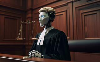 ai gerado ai robô juiz decide casos moderno judicial sistema juiz com automação a partir de andróide foto