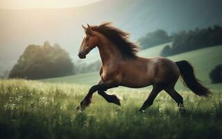 ai gerado cavalo corrida pasto natureza fundo montanhas e árvores foto