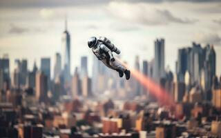 ai gerado uma pessoa vestindo uma jato terno moscas sobre a céu dentro Novo Iorque cidade América pessoal aviação tecnologia foto