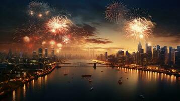 ai gerado panorâmico Visão do cidade com fogos de artifício acolhedor Novo ano véspera foto