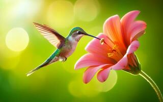 ai gerado cantarolando pássaros chupar néctar a partir de flor pólen borrado bokeh fundo natureza verde foto