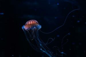 pequeno medusas iluminado com azul luz natação dentro aquário. foto