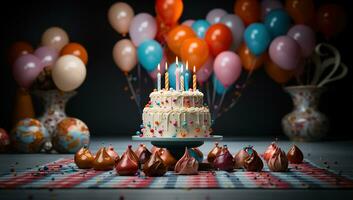 ai gerado aniversário bolo com colorida velas. criada com generativo ai foto