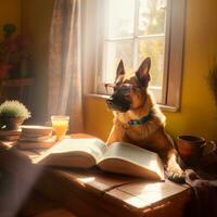 foto do uma fofa cachorro com óculos lendo uma livro ai generativo