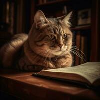 foto do uma lindo gato com óculos lendo uma livro ai generativo