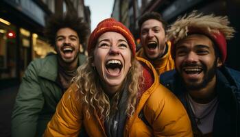 ai gerado sorridente homem, iluminado cidade, confiante, desfrutando vida noturna, olhando às Câmera gerado de ai foto