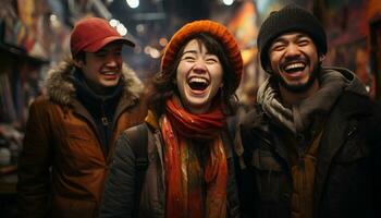 ai gerado sorridente homem, iluminado cidade, confiante, desfrutando vida noturna, olhando às Câmera gerado de ai foto