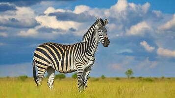zebra com azul tempestade céu. selvagem animal em a verde Prado. animais selvagens natureza. generativo ai foto