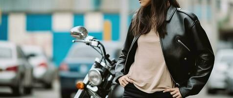 uma Forte e determinado fêmea motociclista, visto a partir de atrás, Próximo para dela estacionado motocicleta. generativo ai foto