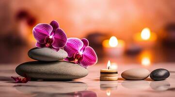 spa ainda vida com spa pedras, queimando velas e orquídea. generativo ai foto