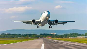 branco passageiro avião mosca acima sobre descolar pista a partir de aeroporto, generativo ai foto