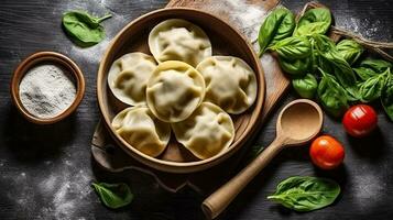 cru gedza dumplings. preparação bolinho de massa gedza com espinafre. em Sombrio rústico fundo, generativo ai foto