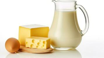 cremoso harmonia. ampla queijo pedaço e leite jarro em branco fundo. generativo ai foto