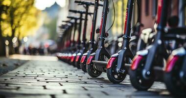 de várias vermelho e-scooters ficar de pé dentro uma linha para aluguel. elétrico patinetes esperando às a borda da calçada pronto para estar alugado e dirigido ausente. generativo ai foto