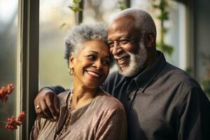 saudável africano americano Senior casal sorridente feliz e abraçando junto, amor e relação conceito, ai gerado foto