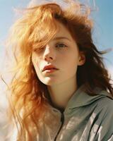 retrato do jovem vermelho cabelo fêmea modelo olhando raios luz sombra sobreposição em dela face, calma emocional expressão, ai gerado foto