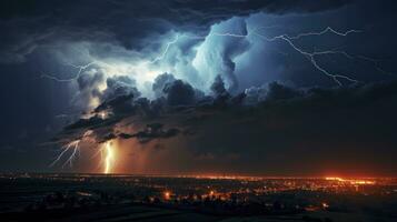 tempestade sinfonia. a dinâmico exibição do relâmpago e luminoso céus. generativo ai foto