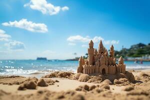 uma único areia castelo com borrado de praia fundo ai gerado foto