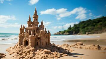 uma único areia castelo com borrado de praia fundo ai gerado foto