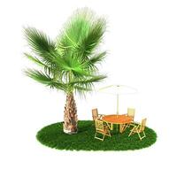 tropical panorama com Palma árvores e jantar mesa definir. foto