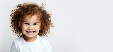 feliz criança ai generativo retrato com encaracolado cabelo, lindo infantil sorrir isolado em branco. fotorrealista. foto