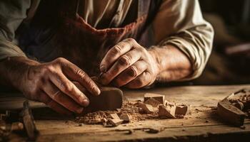 ai generativo mãos do uma artesão trabalhando com madeira ou cerâmica. foto