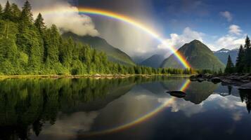 a Magia do arco-íris sobre áspero montanhas e tranquilo lagos. generativo ai foto