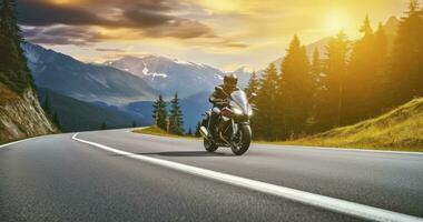 asfalto explorador. equitação a rodovias em uma motocicleta. generativo ai foto