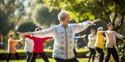 uma grupo do idoso, ásia pessoas fazendo exercícios dentro a parque. oriental cultura, Esportes para Mais velho pessoas. ai gerado foto