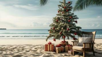 ai gerado generativo ai, Natal em a de praia. presentes, Natal árvore, Palma, oceano e cadeiras. período de férias conceito foto