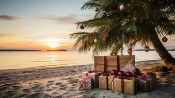 ai gerado generativo ai, Natal em a de praia. presentes, Natal árvore, Palma, oceano e cadeiras. período de férias conceito foto