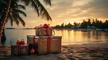 ai gerado generativo ai, Natal em a de praia. presentes, Natal árvore, Palma, oceano e cadeiras. período de férias conceito foto