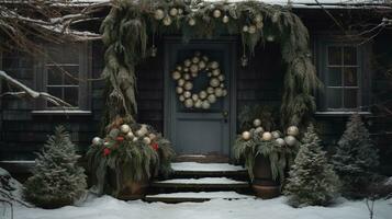 ai gerado generativo ai, frente porta com Natal decoração, guirlanda e festão, silenciado cores, chalé rústico porta foto