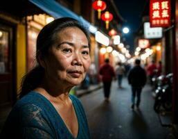 foto do Senior velho mulher dentro China local rua mercado às noite, generativo ai