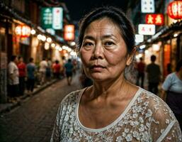 foto do Senior velho mulher dentro China local rua mercado às noite, generativo ai