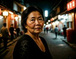 foto do Senior velho mulher dentro China local rua mercado às noite, generativo ai