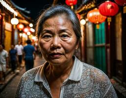 foto do Senior velho mulher dentro China local rua mercado às noite, generativo ai