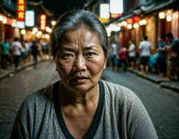 foto do Senior velho mulher com Bravo humor dentro China local rua mercado às noite, generativo ai