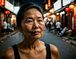 foto do Senior velho mulher dentro China local rua mercado às noite, generativo ai