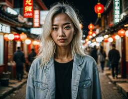 foto do lindo jovem menina dentro China local rua mercado às noite, generativo ai