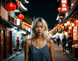 foto do lindo jovem menina dentro China local rua mercado às noite, generativo ai