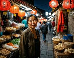 foto do Senior velho vendedor mulher dentro China local rua mercado às noite, generativo ai