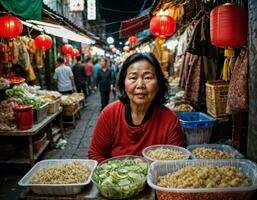 foto do Senior velho vendedor mulher dentro China local rua mercado às noite, generativo ai