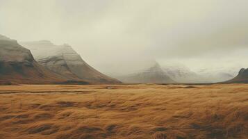 ai gerado generativo ai, Islândia lindo nebuloso selvagem panorama com montanhas, estético silenciado cores, foto