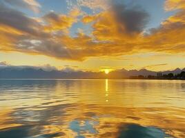 brilhante pôr do sol sobre lago dourado nuvens refletir dentro a água. ai gerado. foto