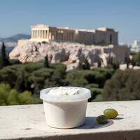 ai gerado grego iogurte dentro uma transparente jarra em a fundo do grego ruínas foto