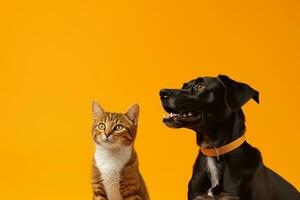 vermelho malhado gato e Preto cachorro sentado juntos e olhando acima. animais de estimação em laranja fundo, cópia de espaço. ai gerado. foto
