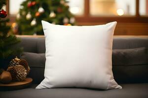 em branco branco travesseiro brincar em Preto sofá com Natal árvore e luzes bokeh fundo. feriado modelo composição com decoração. cópia de espaço. ai generativo foto